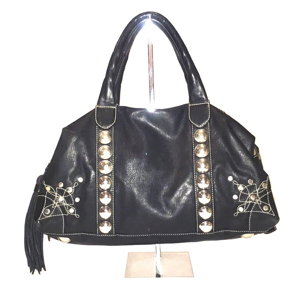 COCO BLANCO creamy black leather bag w/grommets - Picture 1 of 8
